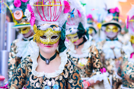 Badajoz, Spain, sunday. February.26. 2017 Participants in colorful costumes take part in the carnival parade in Badajoz 2017のeditorial素材