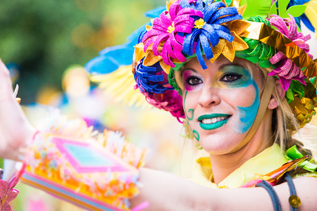 Badajoz, Spain, sunday. February.26. 2017 Participants in colorful costumes take part in the carnival parade in Badajoz 2017のeditorial素材