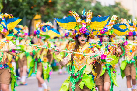 Badajoz, Spain, sunday. February.26. 2017 Participants in colorful costumes take part in the carnival parade in Badajoz 2017のeditorial素材