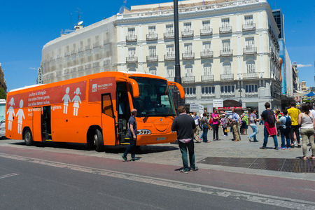 Madrid, Spain - june 06, 2017: Bus anti-transgender Hazte OÃ­r (âMake Yourself Heardâ)".Bus   with the message written on the sides "Boys have penises, girls have vulvas.Say no to gender indoctrination"のeditorial素材