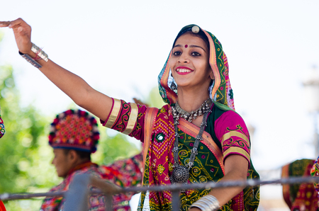 Badajoz, spain - july 15, 2017. Indian dancers during the celebration of the international folkloric festival in Badajozのeditorial素材