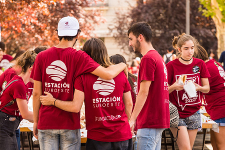 Badajoz, Spain - september 23, 2017:volunteers participating in symbolic referendum to claim railway improvements in Extremaduraのeditorial素材