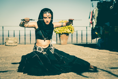 Marvao, Portugal - october 7, 2017. Tribotameri bellydancers dancing in Almossassa of Marvao 2017.のeditorial素材