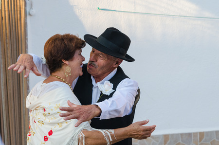 Santiago de Alcantara, SPAIN - 18 AUGUST 2018:Once a year the traditional festival "La Frenda" is celebrated in the town of Santiago de Alcantara, Caceres.のeditorial素材