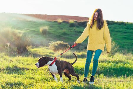 Woman walking her dog in the fieldの写真素材