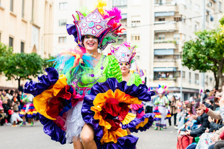 Badajoz, Spain, sunday. February 19 2023. Parade through the streets of Badajoz, group called Los de siempreのeditorial素材