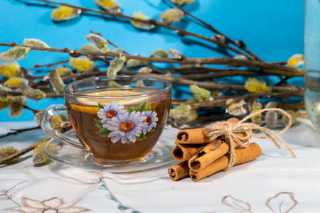 Against the background of willow branches is a cup of tea with lemon. Nearby are cinnamon sticks.の写真素材