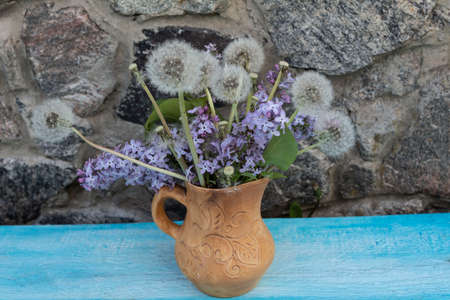 In a clay pot against a stone wall there is a bouquet of dandelion seeds and simple lilacs.の写真素材