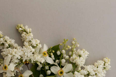 On a light background below are white flowers of lilac, daffodils and lilies of the valley.の写真素材