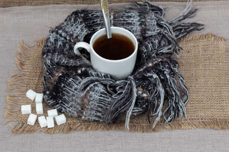On a jute napkin is a cup of tea wrapped in a warm woolen scarf. There are sugar cubes nearby.の写真素材