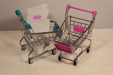 Against a light background, there are two supermarket carts, one of which contains a piece of paper...