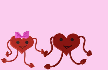 3 D - rendering. On a pink background, two red hearts go holding hands and smiling.の写真素材