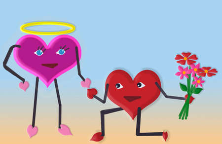 3 D - rendering. Abstraction. There is a pink heart with a halo above its head. A heart with a bouquet in his hands is kneeling before him.の写真素材