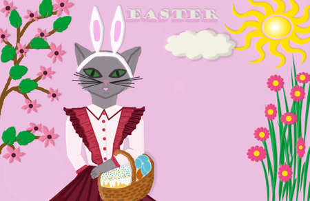 3 D - rendering. Abstraction. The sun is shining and flowers are blooming. A beautifully dressed cat...