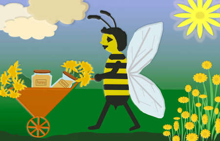 3 D - rendering. Abstraction. The sun is shining like a yellow flower. A bee is driving a wheelbarrow with jars full of honey and yellow flowers.の写真素材