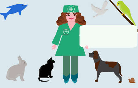 3 D - rendering. There is a veterinarian in the middle. Nearby are a rabbit, a cat, a dog, a snail, a dolphin, a dove and a parrot.の写真素材