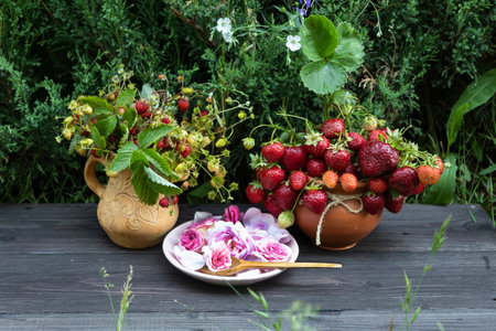Bouquets of wild strawberries and ripe strawberries stand in clay pots on a dark board against a background of juniper. In front, on a pink saucer, lie pink roses and their petals and a wooden spoon.の写真素材