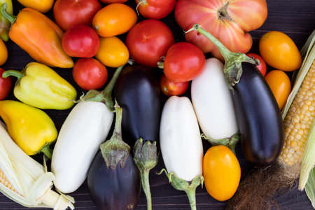 On a dark background, there are vegetables - corn, tomatoes, peppers and eggplants.の写真素材