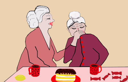 On the table are cups of coffee, cake, candies and lemon. Two elderly women are sitting at the table, one of them is telling something, and the other, covering her face with her hand, laughs.の写真素材