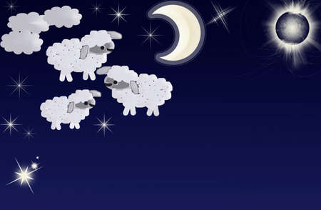 Abstraction. On a dark blue background, a bright month, stars, planet, clouds and white fluffy sheep.の写真素材