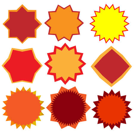 On a white background, nine bright stickers of various shapes with a stroke around the edges.のイラスト素材
