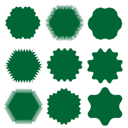 On a white background, nine different shapes of green stickers.のイラスト素材