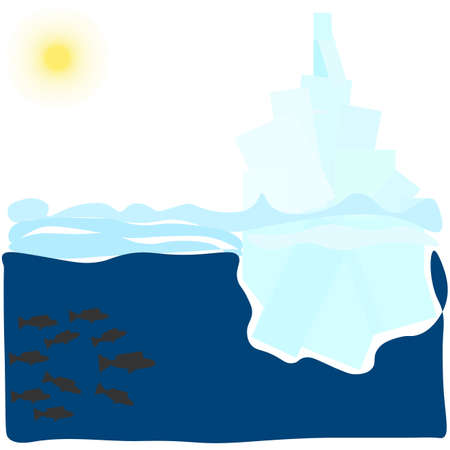 Iceberg above and below water. A school of fish swims in the sea. The bright sun shines over the sea.のイラスト素材
