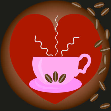 vector graphics. Against the background of a red heart, a pink cup of hot coffee on a saucer. Coffee beans fall on the side.のイラスト素材