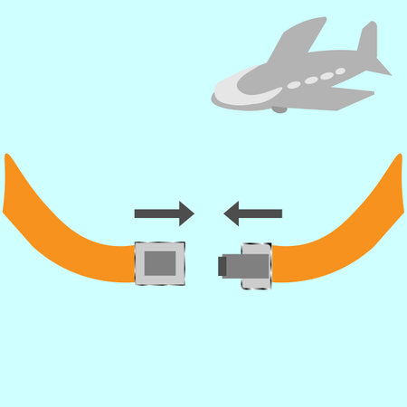 vector graphics. On a blue background are seat belts and arrows showing the fastening method. Above is a passenger plane.のイラスト素材