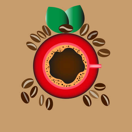 vector graphics. view from above. On a beige background, a cup of coffee with foam stands on a red saucer. Around are coffee beans and two green leaves.のイラスト素材