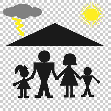 vector graphics. Silhouettes of a man, a woman and two children on a transparent background. Above them is a roof over which the sun shines on one side and lightning flashes on the other side.のイラスト素材