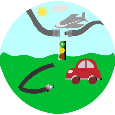 vector graphics. In a circle on a blue background, an airplane and seat belts. On a green background, a car and seat belts. The traffic light is green.のイラスト素材
