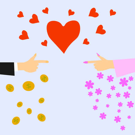 vector graphics. Male and female hands point to each other. At the top are red hearts. Below -...
