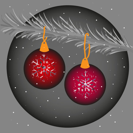 In a dark circle on a gray background, two red Christmas balls with sparkles hang on a silver branch.のイラスト素材