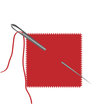 vector graphics. On a white background is a piece of red fabric, into which a needle with a red thread is stuck.のイラスト素材