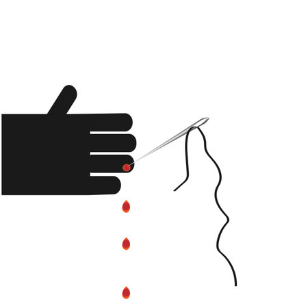 vector graphics. On a white background, a black symbolic hand. A needle has pricked a finger and drops of blood are dripping.のイラスト素材