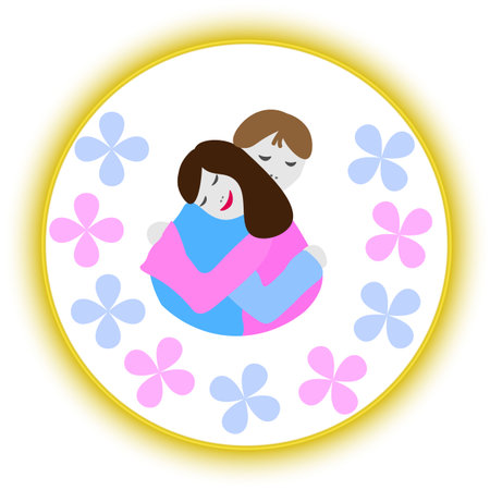 In a yellow circle framed by blue and pink flowers, a woman and a man are embracing.のイラスト素材