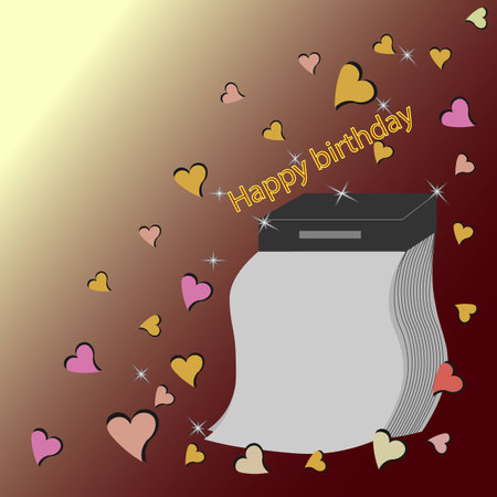 vector graphics. On a golden background, many multicolored hearts. In the lower corner is an old tear-off calendar with a blank white sheet. Above the calendar is the inscription "Happy Birthday".のイラスト素材
