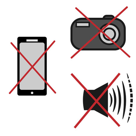 vector graphics. Icons forbidding to speak loudly, take pictures and talk on the phone. Loudspeaker, telephone and camera are crossed out with red lines.のイラスト素材