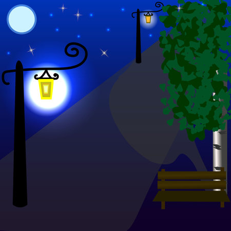 vector graphics. urban landscape. night. The lanterns are burning, the moon is shining, there is a bench under the birch.のイラスト素材