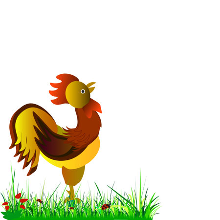 On a white background in the grass with strawberries and ladybugs stands a beautiful bright cockerel.のイラスト素材