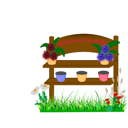 vector graphics. On a white background, grass, daisies, a strawberry bush and a wooden shelf with pots and flowers and an inscription of an invitation to the garden.のイラスト素材