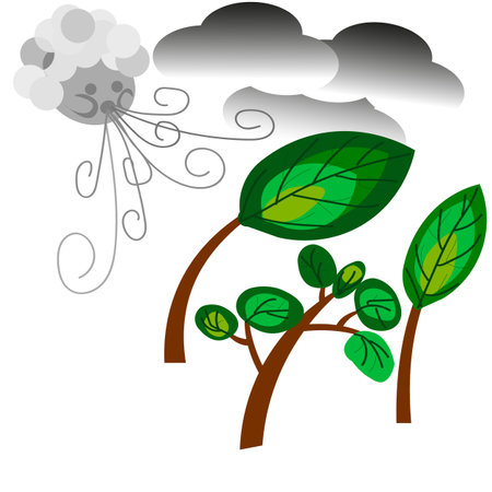 vector graphics. abstraction. Nature. clouds. Strong wind blows. Trees bend in the wind.のイラスト素材
