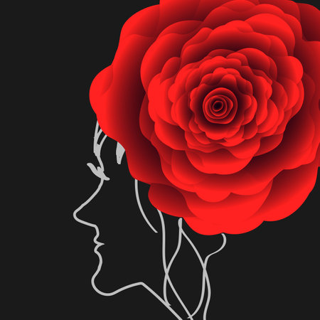 vector graphics. abstraction. On a black background with white lines, the profile of a beautiful woman. On the head instead of a hairstyle is a bright red rose.のイラスト素材