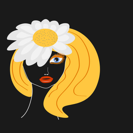 vector graphics. On a black background, a chamomile girl with blue eyes, blond hair and red eyelashes.のイラスト素材