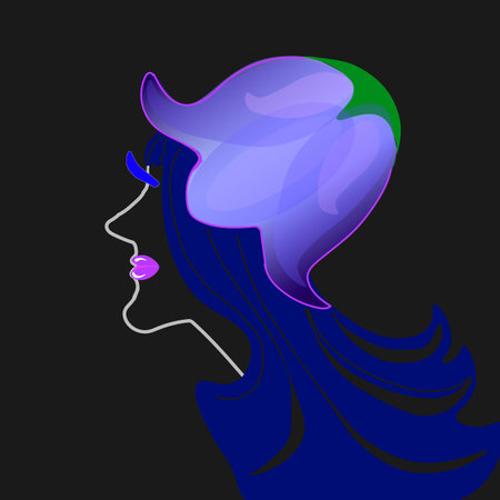 vector graphics. abstraction. Bell flower girl. On a black background, the profile of a girl with blue hair and eyelashes in a headdress in the form of a bell flower.のイラスト素材