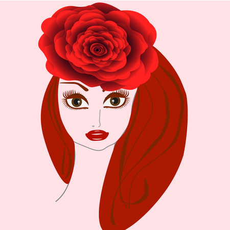 vector graphics. A beautiful girl with bright red lips, brown eyes, with bright red hair, in a hat in the form of a rose.のイラスト素材