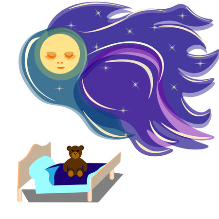 vector graphics. abstraction. night. A toy bear sits on a bed with a blue blanket. Above the moon with closed eyes and a bright starry sky in the form of flowing hair.のイラスト素材