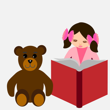 vector graphics. A school-age girl is reading a book to her teddy bear friend.のイラスト素材