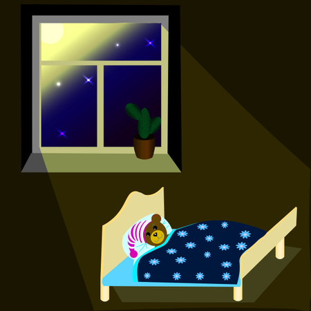 vector graphics. abstraction. There is a cactus on the windowsill. The moon and stars shine through the window. On the bed lies a toy bear in a nightcap.のイラスト素材